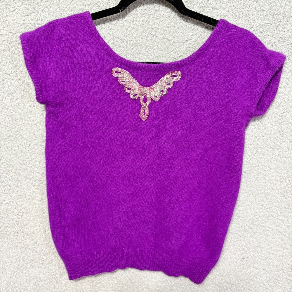 Lambswool Rabbit Angora Corky Miller Vintage Purple Sweater Size Medium 80s